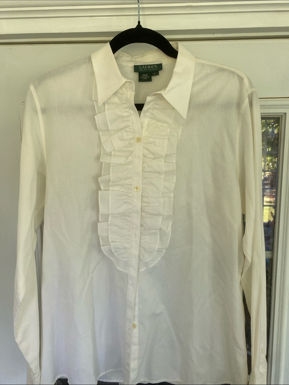 Ralph Lauren Y2K White Ruffled Button-Up Shirt. Size Large. Excellent Condition.